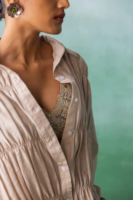 Shop Archana Jaju Beige Chanderi, Linen Embroidery Shawl Neck Tiered Ruched Shirt With Pant Online at Aza Fashions Shop_Archana Jaju_Beige Chanderi, Linen Embroidery Shawl Neck Tiered Ruched Shirt With Pant_Online_at_Aza_Fashions