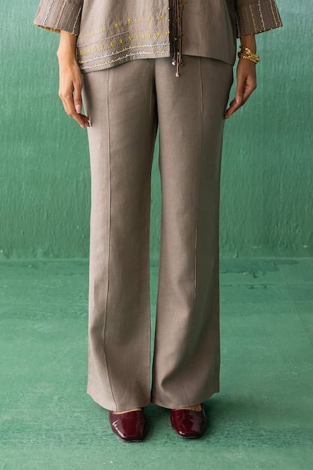 Archana Jaju_Brown Linen Tassels Shawl Crane Floral Kalamkari Embroidered Shirt With Pant_Online_at_Aza_Fashions