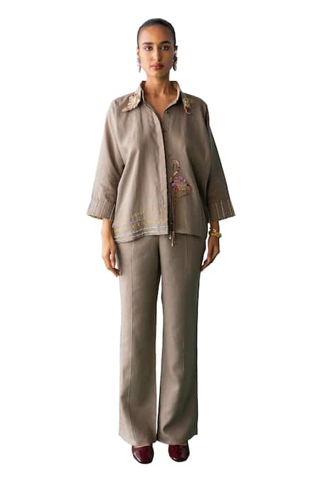 Buy_Archana Jaju_Brown Linen Tassels Shawl Crane Floral Kalamkari Embroidered Shirt With Pant_Online_at_Aza_Fashions