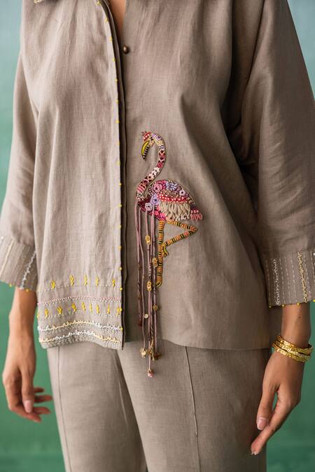 Shop_Archana Jaju_Brown Linen Tassels Shawl Crane Floral Kalamkari Embroidered Shirt With Pant
