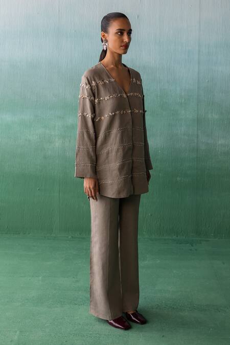 Shop Archana Jaju Brown Linen Embroidery, Applique, Beads V-neck Threadwork Shirt With Pant at Aza Fashions Shop_Archana Jaju_Brown Linen Embroidery, Applique, Beads V-neck Threadwork Shirt With Pant_at_Aza_Fashions