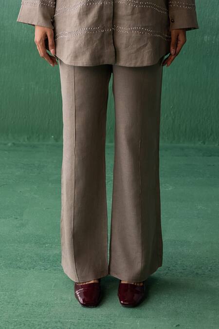 Archana Jaju Brown Linen Embroidery, Applique, Beads V-neck Threadwork Shirt With Pant Online at Aza Fashions Archana Jaju_Brown Linen Embroidery, Applique, Beads V-neck Threadwork Shirt With Pant_Online_at_Aza_Fashions