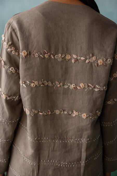 Shop Archana Jaju Brown Linen Embroidery, Applique, Beads V-neck Threadwork Shirt With Pant Online at Aza Fashions Shop_Archana Jaju_Brown Linen Embroidery, Applique, Beads V-neck Threadwork Shirt With Pant_Online_at_Aza_Fashions