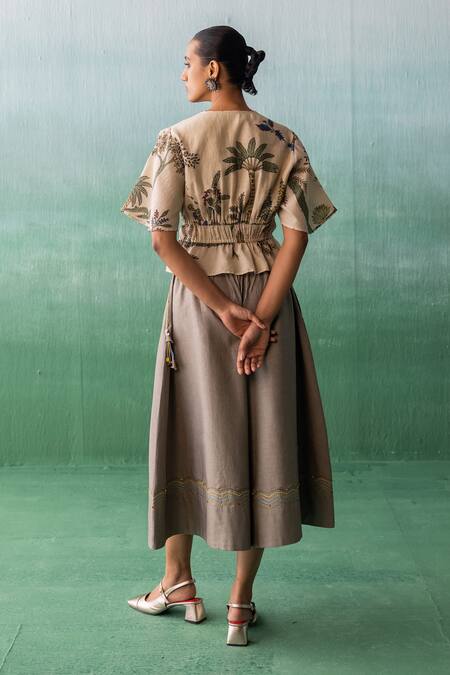 Shop Archana Jaju Beige Chanderi, Linen Beads, Nature Pattern Peplum Top With Flared Pant at Aza Fashions Shop_Archana Jaju_Beige Chanderi, Linen Beads, Nature Pattern Peplum Top With Flared Pant_at_Aza_Fashions