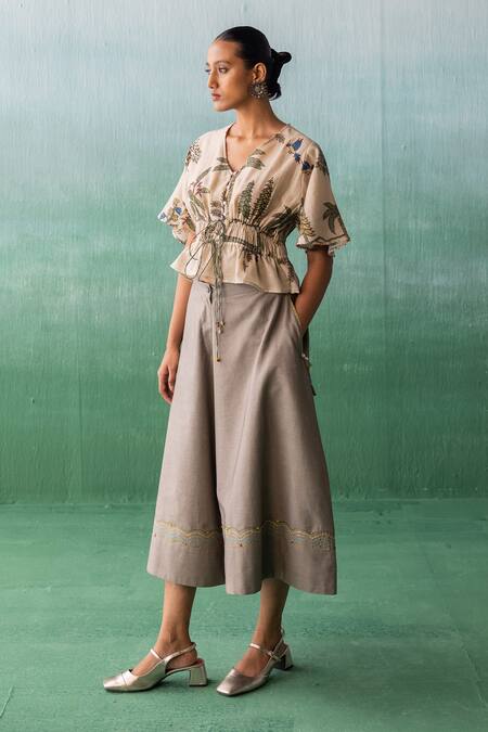Buy Archana Jaju Beige Chanderi, Linen Beads, Nature Pattern Peplum Top With Flared Pant Online at Aza Fashions Buy_Archana Jaju_Beige Chanderi, Linen Beads, Nature Pattern Peplum Top With Flared Pant_Online_at_Aza_Fashions