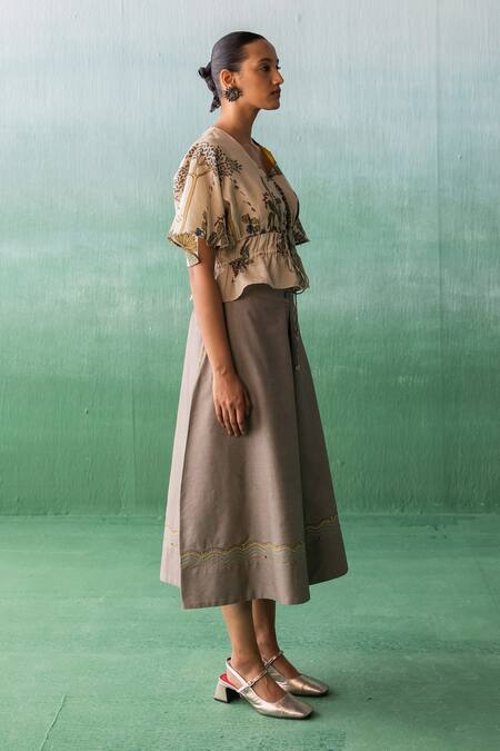 Shop Archana Jaju Beige Chanderi, Linen Beads, Nature Pattern Peplum Top With Flared Pant Online at Aza Fashions Shop_Archana Jaju_Beige Chanderi, Linen Beads, Nature Pattern Peplum Top With Flared Pant_Online_at_Aza_Fashions