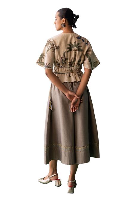 Archana Jaju Beige Chanderi, Linen Beads, Nature Pattern Peplum Top With Flared Pant at Aza Fashions Archana Jaju_Beige Chanderi, Linen Beads, Nature Pattern Peplum Top With Flared Pant_at_Aza_Fashions