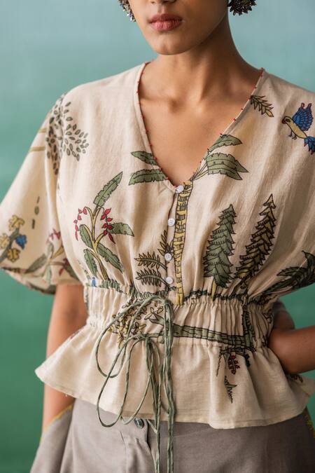 Buy Archana Jaju Beige Chanderi, Linen Beads, Nature Pattern Peplum Top With Flared Pant Buy_Archana Jaju_Beige Chanderi, Linen Beads, Nature Pattern Peplum Top With Flared Pant