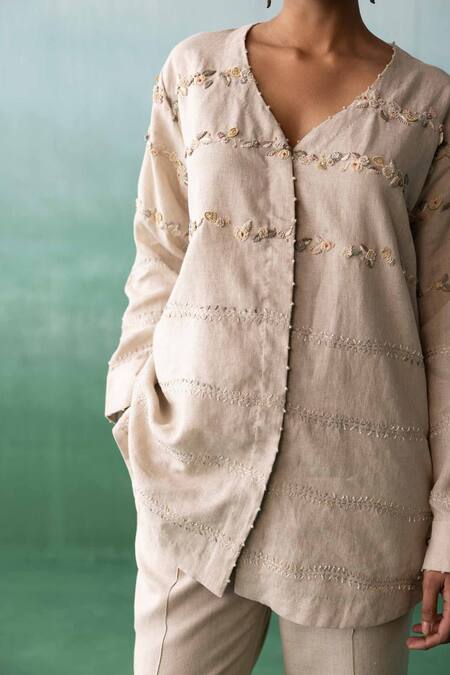 Shop_Archana Jaju_Beige Linen Embroidery, Applique, Beads V-neck Floral Beadwork Shirt With Pant_Online_at_Aza_Fashions