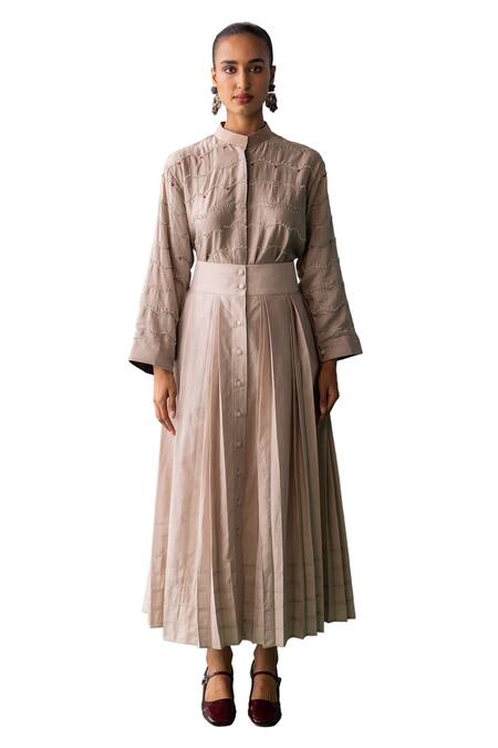 Buy Archana Jaju Grey Cotton, Chanderi Embroidery, Wave Threadwork Shirt With Pleated Skirt Online at Aza Fashions Buy_Archana Jaju_Grey Cotton, Chanderi Embroidery, Wave Threadwork Shirt With Pleated Skirt_Online_at_Aza_Fashions