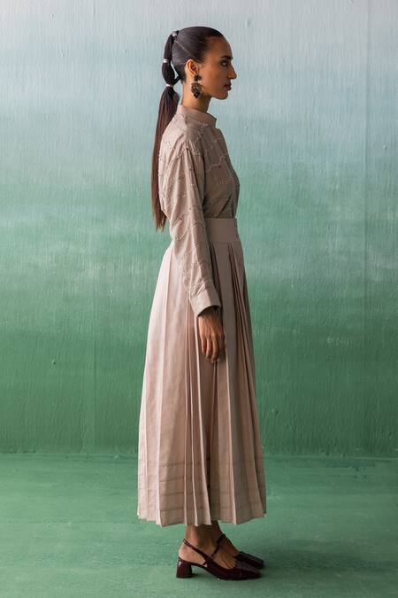 Shop Archana Jaju Grey Cotton, Chanderi Embroidery, Wave Threadwork Shirt With Pleated Skirt Online at Aza Fashions Shop_Archana Jaju_Grey Cotton, Chanderi Embroidery, Wave Threadwork Shirt With Pleated Skirt_Online_at_Aza_Fashions