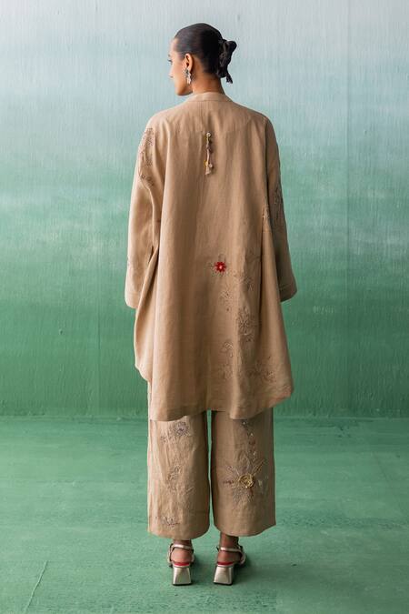 Shop Archana Jaju Beige Cotton, Linen Embroidery, Beads Floral Jaal Threadwork Tunic With Pant at Aza Fashions Shop_Archana Jaju_Beige Cotton, Linen Embroidery, Beads Floral Jaal Threadwork Tunic With Pant_at_Aza_Fashions