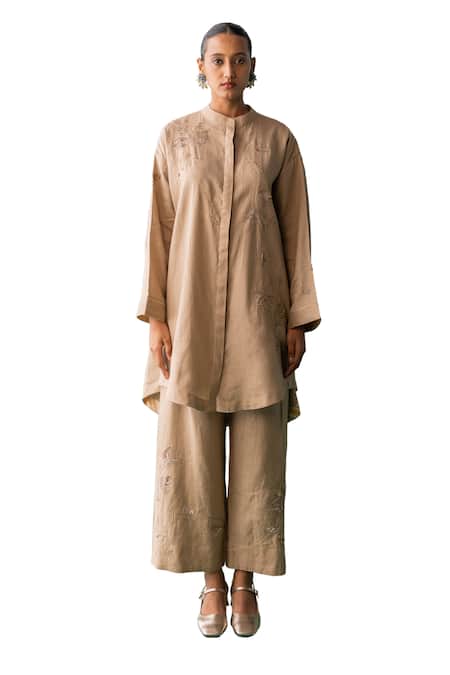 Archana Jaju Beige Cotton, Linen Embroidery, Beads Floral Jaal Threadwork Tunic With Pant Online at Aza Fashions Archana Jaju_Beige Cotton, Linen Embroidery, Beads Floral Jaal Threadwork Tunic With Pant_Online_at_Aza_Fashions