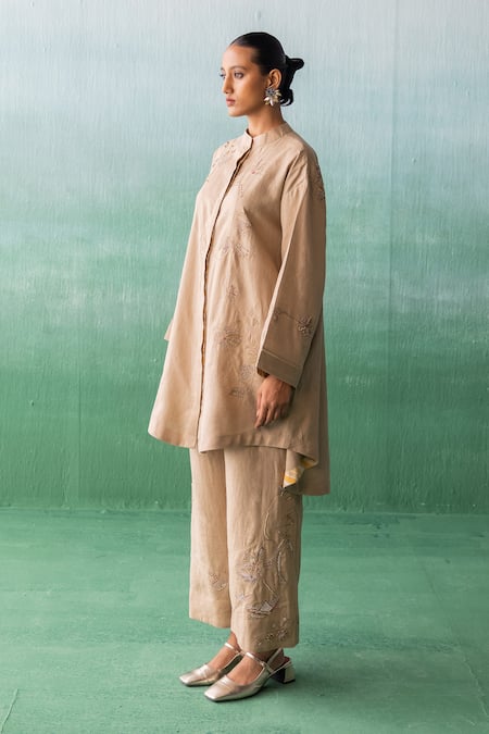 Buy Archana Jaju Beige Cotton, Linen Embroidery, Beads Floral Jaal Threadwork Tunic With Pant Online at Aza Fashions Buy_Archana Jaju_Beige Cotton, Linen Embroidery, Beads Floral Jaal Threadwork Tunic With Pant_Online_at_Aza_Fashions