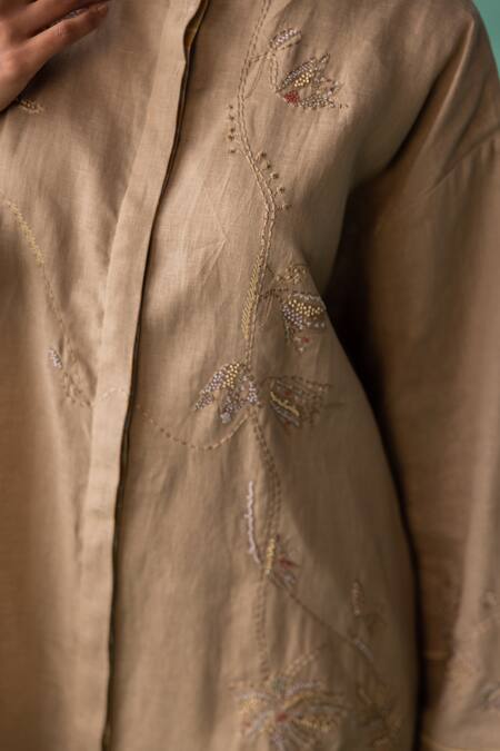 Archana Jaju Beige Cotton, Linen Embroidery, Beads Floral Jaal Threadwork Tunic With Pant at Aza Fashions Archana Jaju_Beige Cotton, Linen Embroidery, Beads Floral Jaal Threadwork Tunic With Pant_at_Aza_Fashions