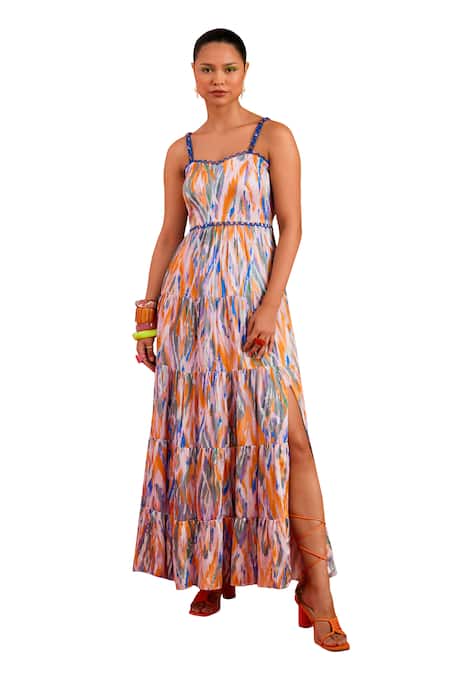 Garima Bindal_Multi Color Crepe, Modal Sweetheart Neck Abstract Print Dress _Online_at_Aza_Fashions