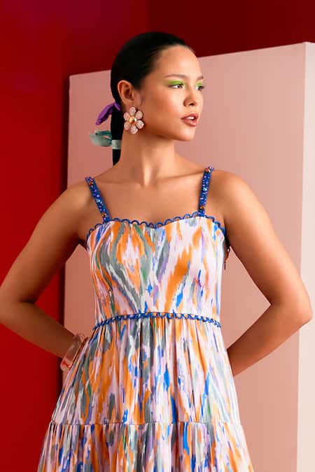 Garima Bindal_Multi Color Crepe, Modal Sweetheart Neck Abstract Print Dress _at_Aza_Fashions