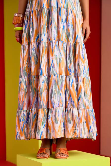 Buy_Garima Bindal_Multi Color Crepe, Modal Sweetheart Neck Abstract Print Dress 