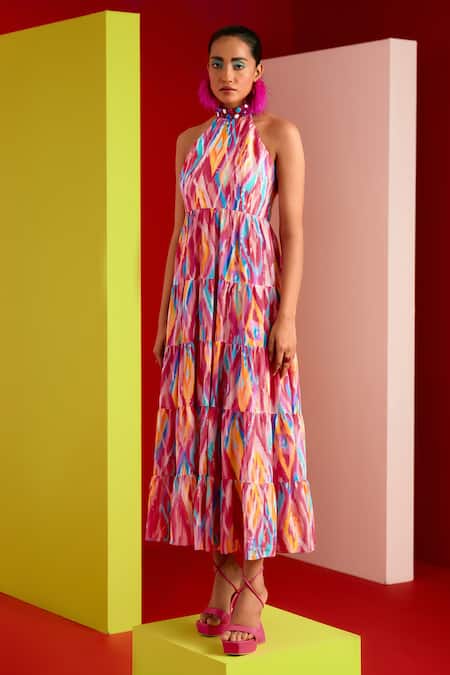 Garima Bindal_Pink Crepe, Modal Embroidery High Neck Abstract Print Layered Dress _Online_at_Aza_Fashions