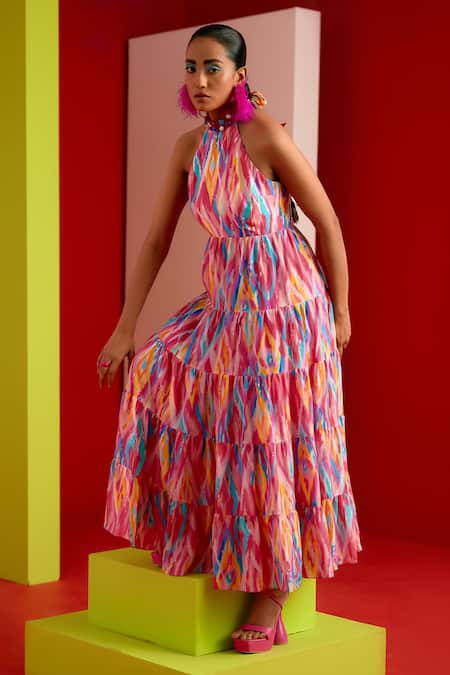 Shop_Garima Bindal_Pink Crepe, Modal Embroidery High Neck Abstract Print Layered Dress _Online_at_Aza_Fashions