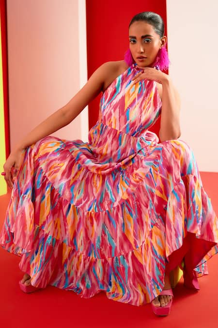 Garima Bindal_Pink Crepe, Modal Embroidery High Neck Abstract Print Layered Dress _at_Aza_Fashions