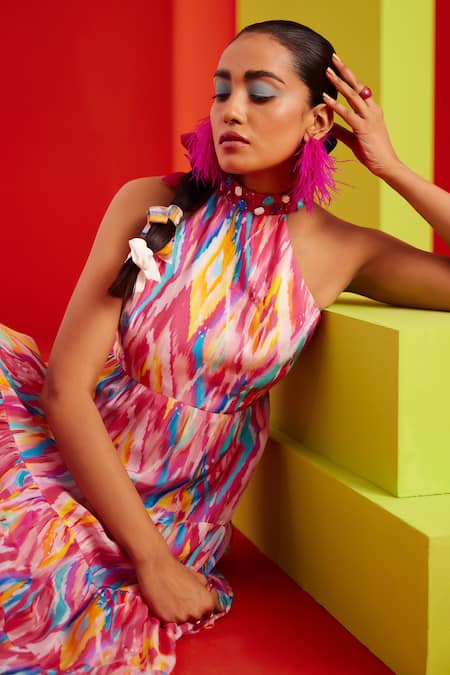 Shop_Garima Bindal_Pink Crepe, Modal Embroidery High Neck Abstract Print Layered Dress 