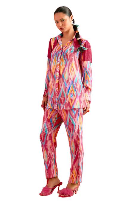 Garima Bindal_Pink Pure Crepe Print Abstract Collared Neck Shirt With Pant _Online_at_Aza_Fashions
