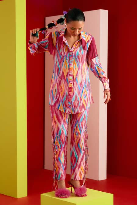 Buy_Garima Bindal_Pink Pure Crepe Print Abstract Collared Neck Shirt With Pant _Online_at_Aza_Fashions
