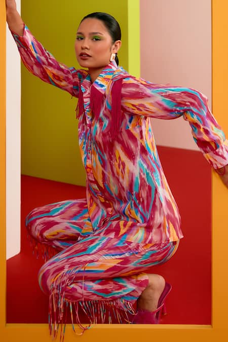 Shop_Garima Bindal_Pink Pure Crepe Print Abstract Collared Neck Shirt With Pant _Online_at_Aza_Fashions