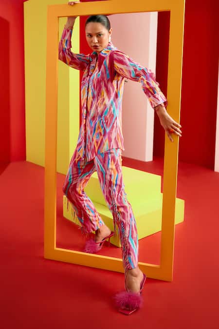 Shop_Garima Bindal_Pink Pure Crepe Print Abstract Collared Neck Shirt With Pant _at_Aza_Fashions
