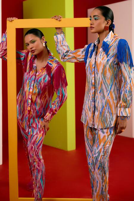Garima Bindal_Blue Pure Crepe Print Abstract Collared Neck Whimsical Shirt With Pant _Online_at_Aza_Fashions