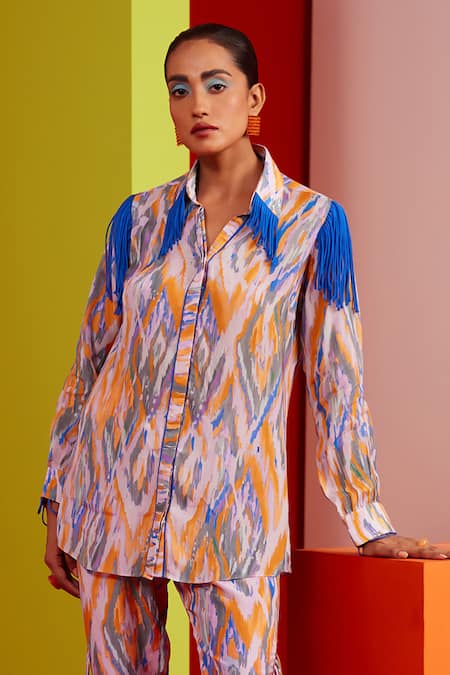 Buy_Garima Bindal_Blue Pure Crepe Print Abstract Collared Neck Whimsical Shirt With Pant 