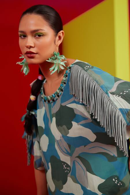 Garima Bindal_Blue Pure Crepe Print Abstract Round Neck Long Top With Pant _Online_at_Aza_Fashions