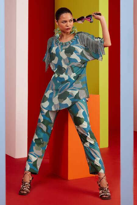 Buy_Garima Bindal_Blue Pure Crepe Print Abstract Round Neck Long Top With Pant _Online_at_Aza_Fashions