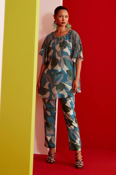 Shop_Garima Bindal_Blue Pure Crepe Print Abstract Round Neck Long Top With Pant _Online_at_Aza_Fashions