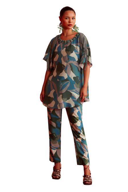 Garima Bindal_Blue Pure Crepe Print Abstract Round Neck Long Top With Pant _at_Aza_Fashions
