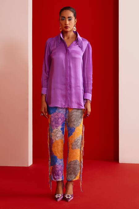 Garima Bindal Purple Pure Modal Satin Printed Pant Floral Collared Neck Fringed Shirt With Online at Aza Fashions Garima Bindal_Purple Pure Modal Satin Printed Pant Floral Collared Neck Fringed Shirt With _Online_at_Aza_Fashions