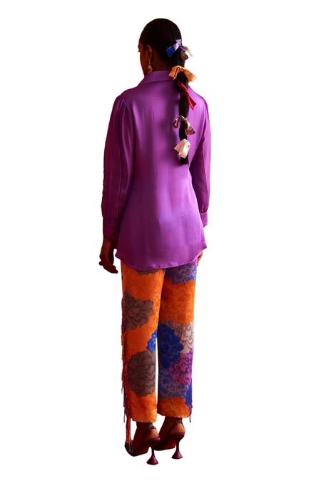 Shop Garima Bindal Purple Pure Modal Satin Printed Pant Floral Collared Neck Fringed Shirt With Online at Aza Fashions Shop_Garima Bindal_Purple Pure Modal Satin Printed Pant Floral Collared Neck Fringed Shirt With _Online_at_Aza_Fashions