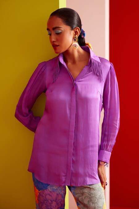 Garima Bindal Purple Pure Modal Satin Printed Pant Floral Collared Neck Fringed Shirt With at Aza Fashions Garima Bindal_Purple Pure Modal Satin Printed Pant Floral Collared Neck Fringed Shirt With _at_Aza_Fashions