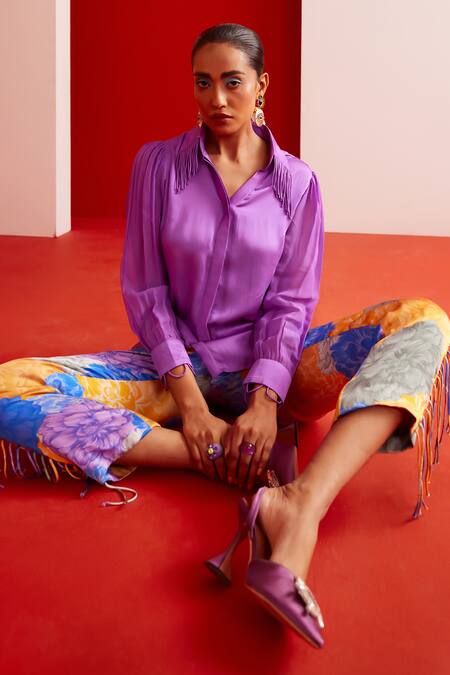 Buy Garima Bindal Purple Pure Modal Satin Printed Pant Floral Collared Neck Fringed Shirt With Buy_Garima Bindal_Purple Pure Modal Satin Printed Pant Floral Collared Neck Fringed Shirt With