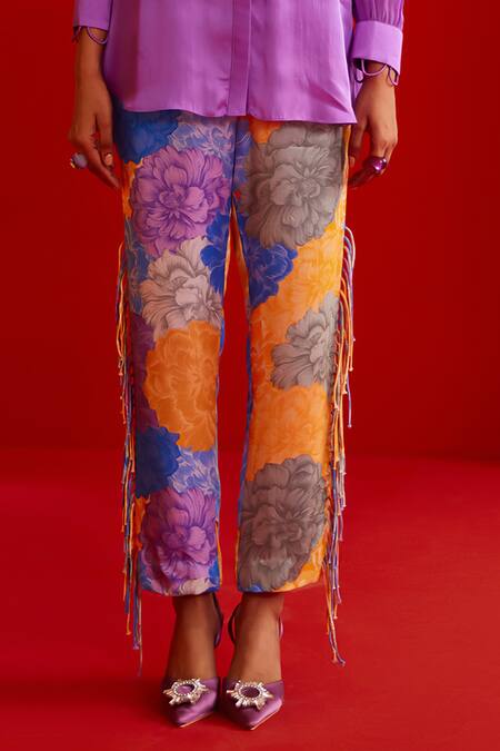 Shop Garima Bindal Purple Pure Modal Satin Printed Pant Floral Collared Neck Fringed Shirt With Shop_Garima Bindal_Purple Pure Modal Satin Printed Pant Floral Collared Neck Fringed Shirt With