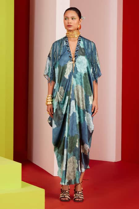 Garima Bindal_Blue Crepe, Modal Fringe, Stones V-neck Floral Bloom Print Kaftan _Online_at_Aza_Fashions