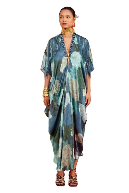 Buy_Garima Bindal_Blue Crepe, Modal Fringe, Stones V-neck Floral Bloom Print Kaftan _Online_at_Aza_Fashions