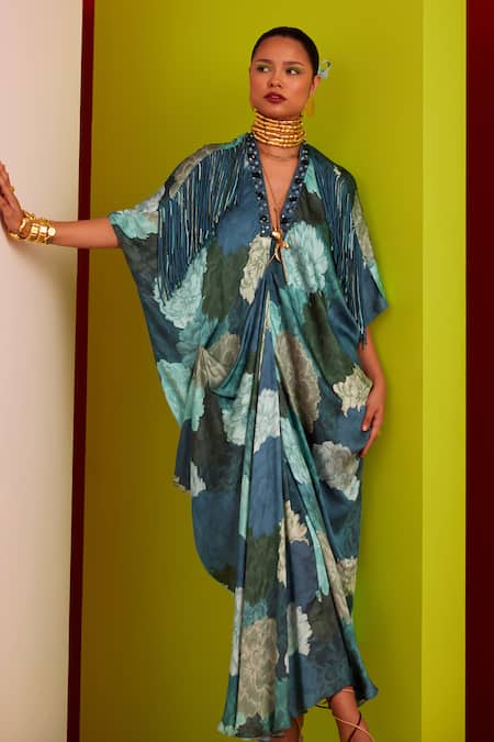 Shop_Garima Bindal_Blue Crepe, Modal Fringe, Stones V-neck Floral Bloom Print Kaftan _Online_at_Aza_Fashions