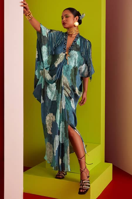 Garima Bindal_Blue Crepe, Modal Fringe, Stones V-neck Floral Bloom Print Kaftan _at_Aza_Fashions