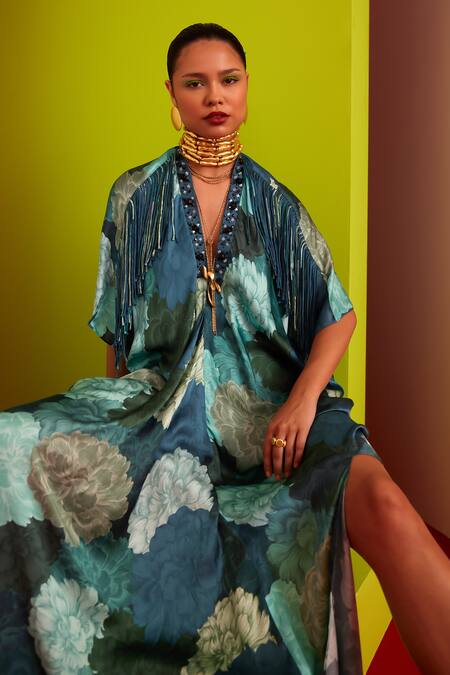 Buy_Garima Bindal_Blue Crepe, Modal Fringe, Stones V-neck Floral Bloom Print Kaftan 