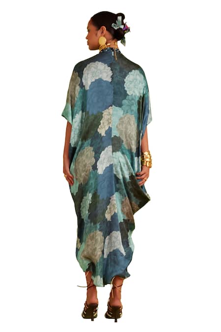Shop_Garima Bindal_Blue Crepe, Modal Fringe, Stones V-neck Floral Bloom Print Kaftan 