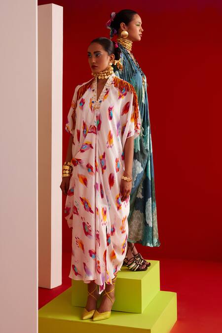 Garima Bindal_Multi Color Crepe, Modal Fringe V-neck Splash Print Kaftan _Online_at_Aza_Fashions