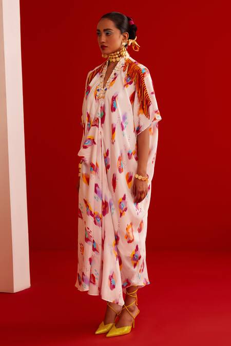 Buy_Garima Bindal_Multi Color Crepe, Modal Fringe V-neck Splash Print Kaftan _Online_at_Aza_Fashions