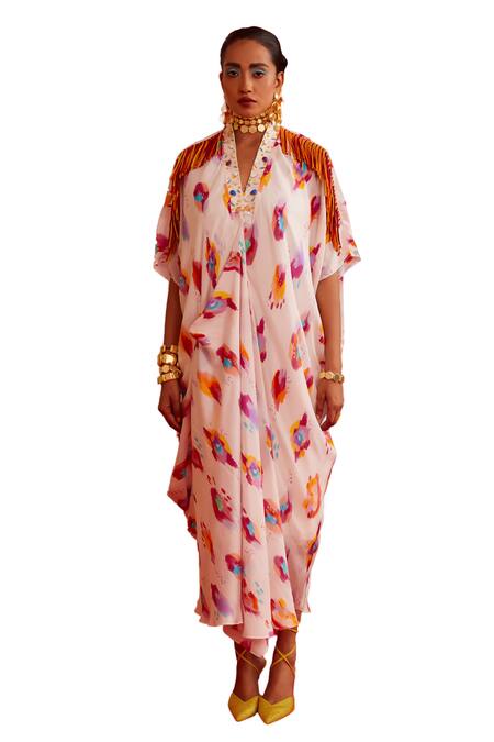 Shop_Garima Bindal_Multi Color Crepe, Modal Fringe V-neck Splash Print Kaftan _Online_at_Aza_Fashions